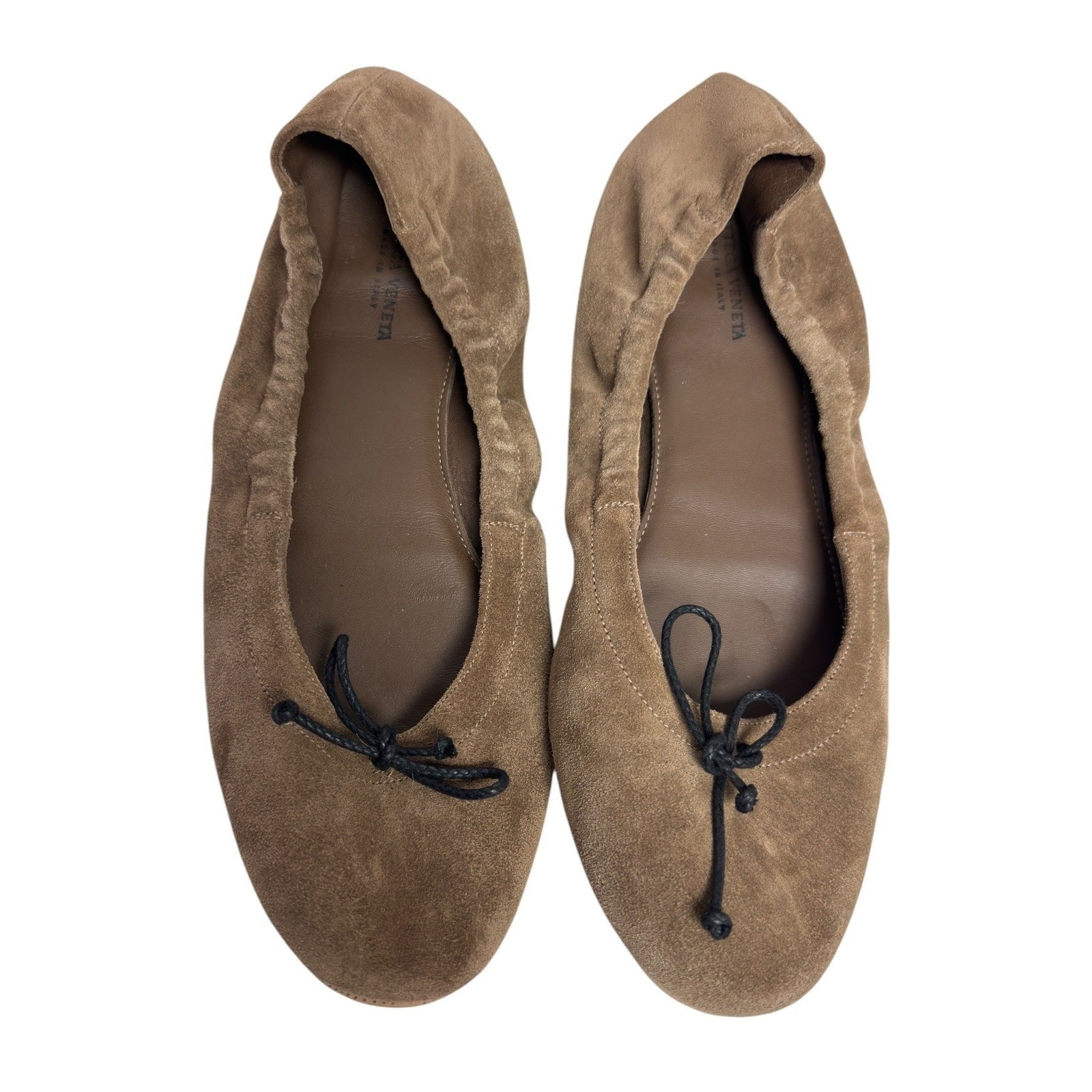 Bottega Veneta Ballet Flats Womens 40 Brown Suede Bow Round Toe Italy Luxury Euc